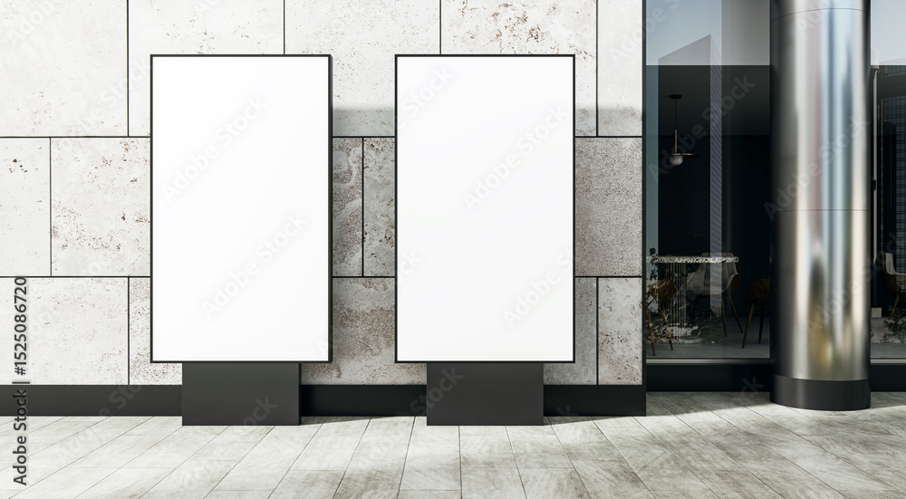 Poster Two vertical blank billboard mockups on modern stone facade outside retail store with clean white display frames for business presentation concept. 3D Rendering