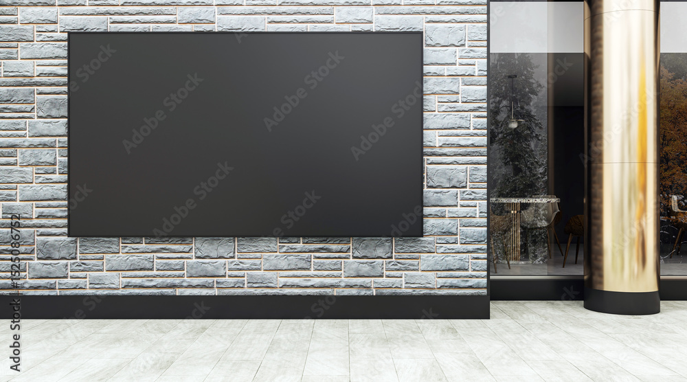 Poster blank horizontal black poster frame on brick wall outside modern building entrance with golden pilla