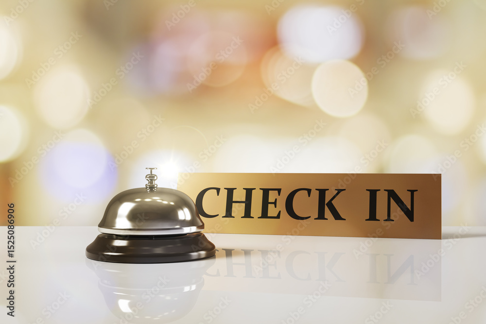 Poster Hotel reception bell and check-in sign on glossy surface with glowing abstract light background in warm tones. 3D Rendering. 3D Rendering