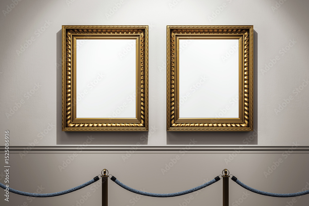 Poster two classic golden frames on display wall in a museum hallway under soft spotlight for artwork or po