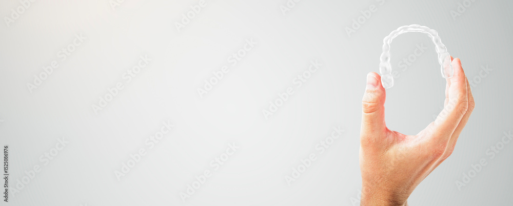 Poster hand holding clear dental aligner with gradient background for orthodontic medicine display and pres