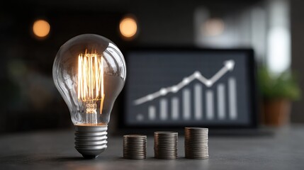 Illuminated Growth:  Financial Success and Innovative Ideas Conceptualized with a Glowing Lightbulb and Rising Coin Stacks
