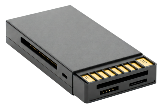 Compact card reader supporting multiple memory formats for convenience isolated on a transparent background