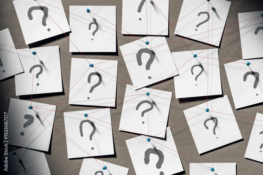 Fototapete Sticky notes with question marks connected by red strings on wall background in detective-style office concept of investigation and curiosity. 3D Rendering