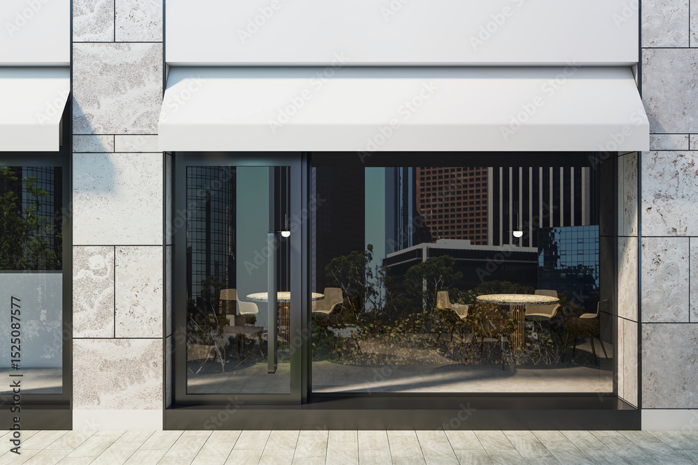 Aufkleber modern shopfront with glass facade and white awning on urban street with city view and empty interio