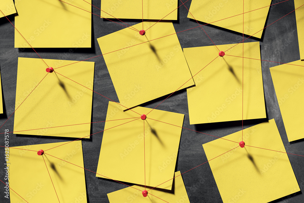 Aufkleber Yellow sticky notes connected with red strings on dark wall background, symbolizing investigation or brainstorming in business or office setup. 3D Rendering