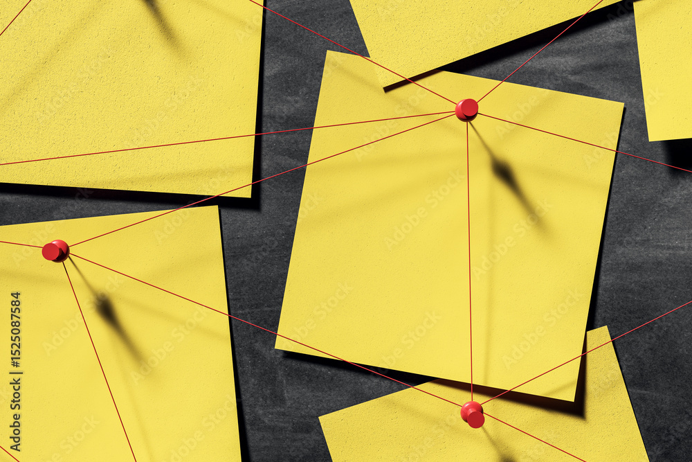 Poster Yellow investigation notes connected by red strings pinned on dark wall background depicting detective business strategy concept. 3D Rendering