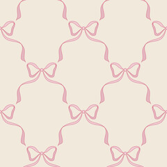 Seamless pattern with pink bows on beige background. Vintage ribbon wallpaper with repeat design.