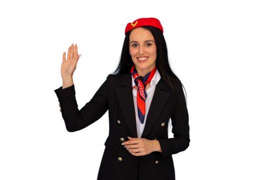 Friendly flight attendant waving and smiling, isolated on transparent background, ideal for travel and aviation projects