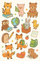 Obraz premium Cute school animals clipart set – educational illustrations with books and globes