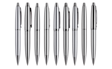 Set of Silver Metal Pen Writing a Curved Line, isolated on a transparent background