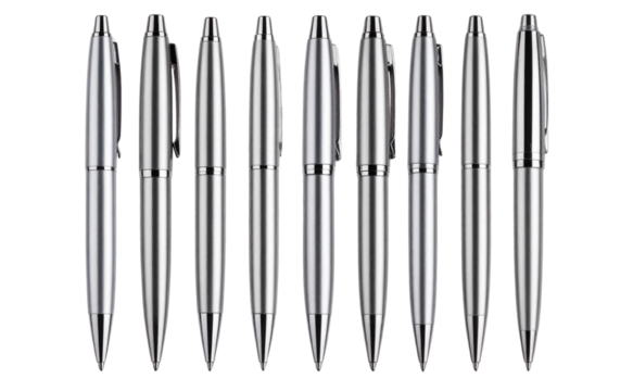 Set of Silver Metal Pen Writing a Curved Line, isolated on a transparent background