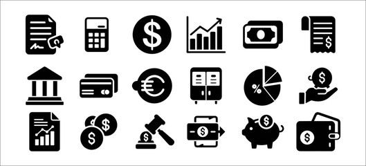 Finance Line Icon Set – Money, Banking, Wallet, Currency, Investment, Piggy Bank, Dollar Symbols – Thin Line Vector
