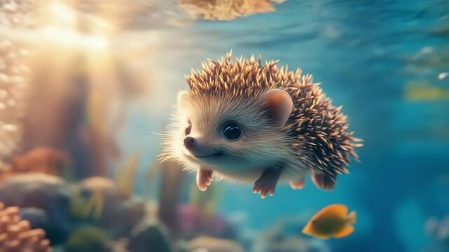 Cute hedgehog swimming underwater in a fantasy ocean environment, surrounded by bubbles and sunlight, representing animal diversity and magical marine life