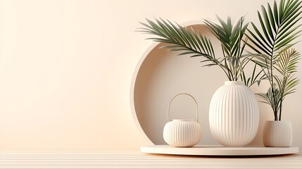 Minimalist botanical arrangement featuring vases and green palms setting mood