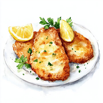 A classic watercolor painting showcases a plate of golden pan-fried Wiener Schnitzel, garnished with fresh parsley and bright lemon wedges, evoking a traditional Austrian culinary experience.