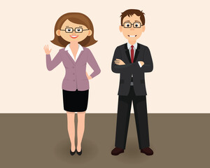 Two business professionals in formal attire, confident and approachable, ready for corporate engagement or office presentation.