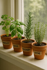 Fototapeta premium Fresh Herb Plants in Rustic Pots on Kitchen Counter
