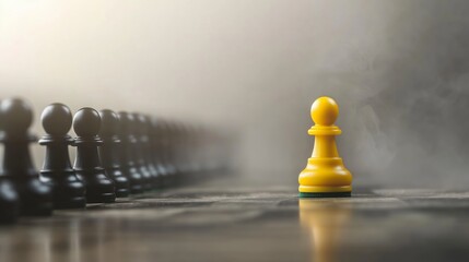 A lone yellow pawn steps away from a row of black pawns, with a calm mist. 6