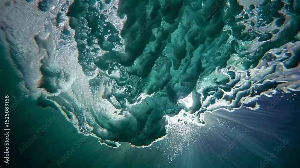 Poster underwater view of bubbles and light illuminating ocean waves in crystal clear water