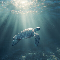 Fototapeta premium A majestic sea turtle glides gracefully through clear blue ocean waters, with shimmering sunbeams piercing through the surface, illuminating its journey.