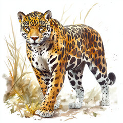 Fototapeta premium A striking watercolor painting of a majestic jaguar with beautifully detailed spotted fur, standing amidst sparse dry grass on a light background.