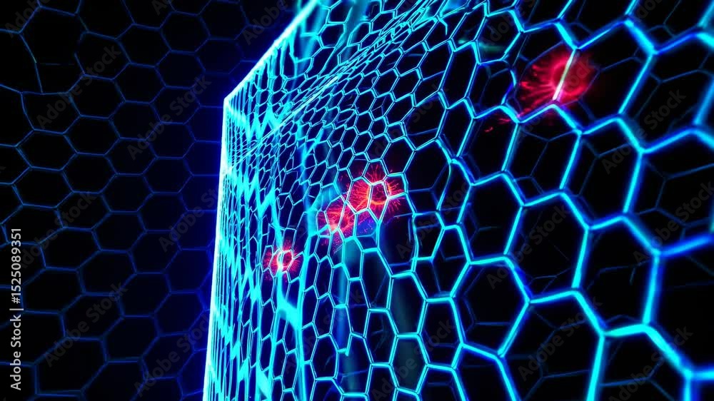 Fototapete Exploring the mesmerizing world of hexagonal patterns and glowing particles in a digital landscape