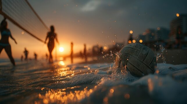 Sunset Beach Volleyball A Dynamic Scene of Sport and Leisure with a Ball in the Foreground Wa