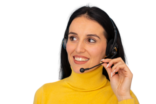 Smiling female call center operator wearing headset on transparent background, providing customer service - Powered by Adobe