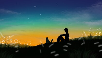 A young man and his cat are relaxing and watching the sunset on a hill.
