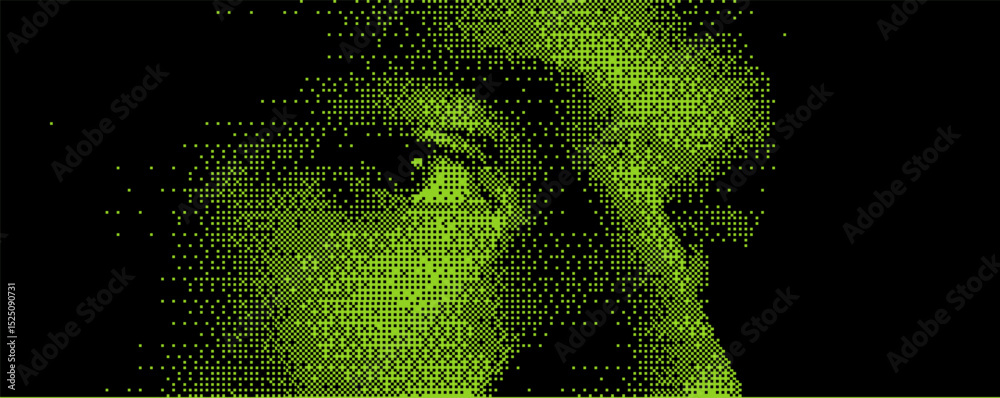 Poster Digital portrait created using pixel art technique highlighting a detailed face in vibrant green tones against a dark background