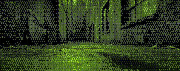 Vivid digital art depicting a lush landscape with geometric patterns in vibrant green tones during a serene daylight hour