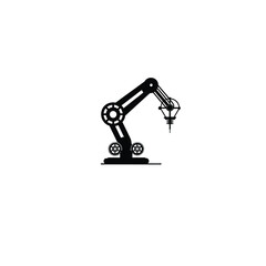 Flat silhouette of a robotic arm with gears and precise edges on a plain background