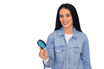 Businesswoman magnifying document, revealing detailed research, professional analysis in workplace setting