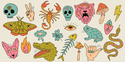 A collection of vector illustrations in primitive doodle style with psychedelic elements in a retro colour palette. Images of skulls, animals, hearts, snakes, mushrooms, eyes, scorpion, toad, sphinx