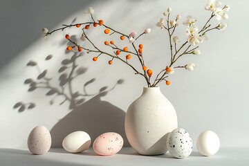Speckled eggs and flowering branches in a vase, isolated on white