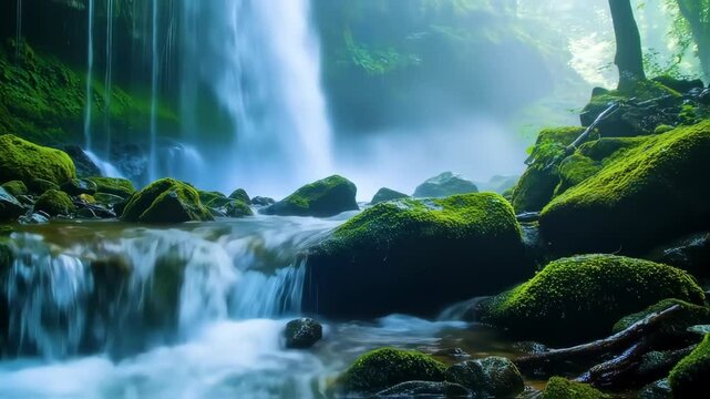 Powerful waterfall crashing over mossy rocks with mist rising