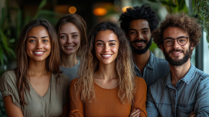 Fototapeta premium Smiling team of diverse coworkers in a modern workplace showcasing positivity and collaboration