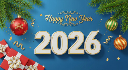 happy new year 2026 christmas 3d shiny text new year design illustration Greeting New Year eve holiday
