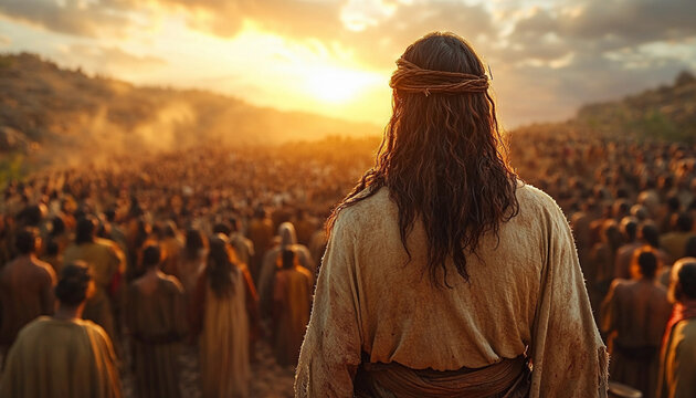 Historical gathering in a desert landscape hesus chrit god and group of disciples praying listening attentively