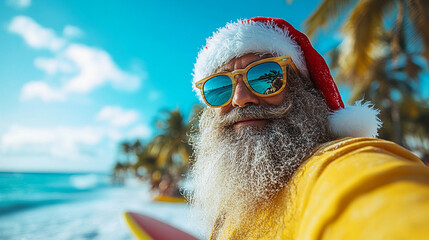 Festive bearded man wearing a Santa hat captures a vibrant selfie against a tropical ocean backdrop with a festive spirit