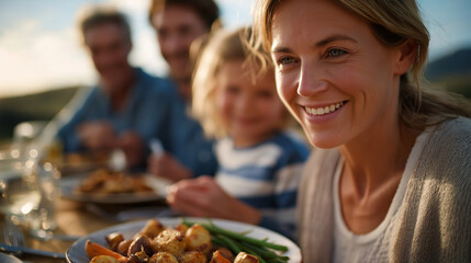 Family gathering for outdoor picnic with roasted vegetables