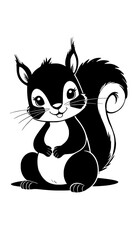 a black and white cartoon squirrel sitting upright on white background , no background