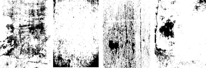 Fototapeta premium collection of five vertical black and white grunge textures. Each texture features a unique pattern of stains, scratches, and wear on a white background.