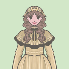 a woman with curly hair wearing a knit hat and long knit clothes