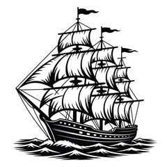 Black and White Silhouette Illustration of a Sailing Ship on the Water