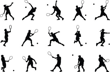 Silhouette Icons of Tennis Players in Action: Various Strokes and Movements for Sports Design