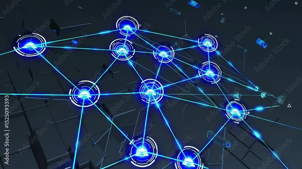 Fototapete Visual representation of a digital network using blue beams and nodes in a futuristic design style