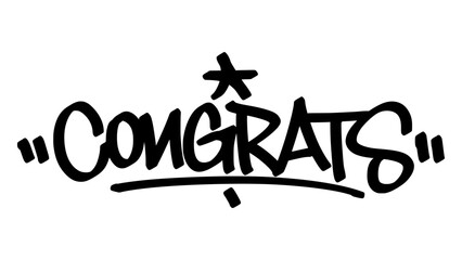 Graffiti tag “Congrats” in bold black letters on transparent background. Urban street art style with celebratory and upbeat vibe, perfect for congratulatory and achievement graphic projects.
