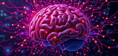 Stylized brain overflowing with data streams, nodes, and circuits,  connection,  analytics